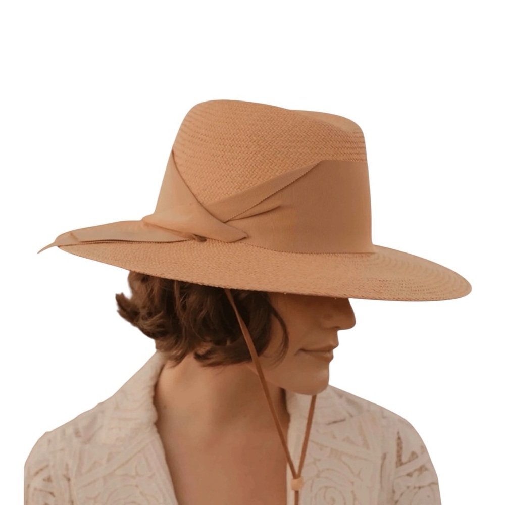 FREYA for VERONICA BEARD Field Gardenia Panama Hat in Tan Raffia Suede Strap New - Picture 2 of 11